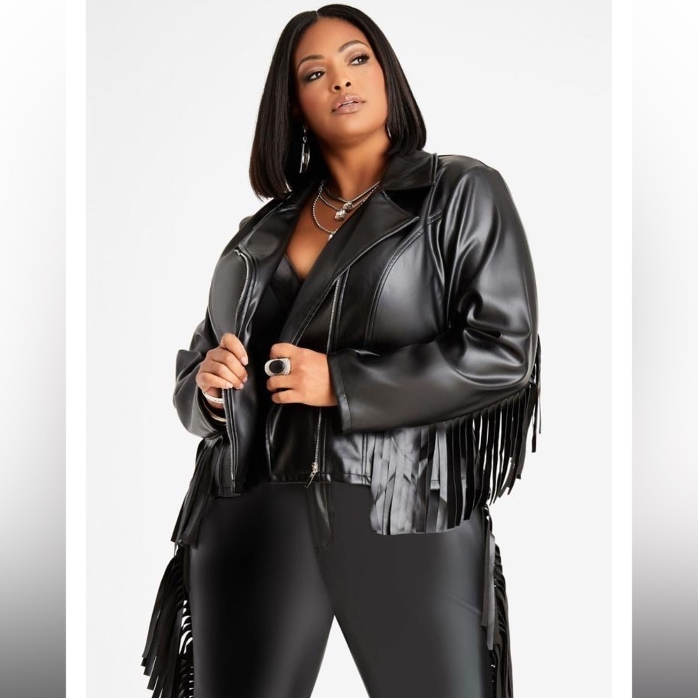 Ashley Stewart Black Faux Leather Fringe Moto Biker Jacket Plus Size 14